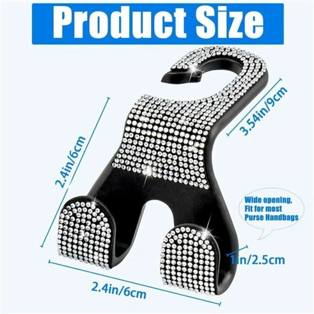 Bling Car Seat Hooks (2 Pack) Bling Rhinestone Crystal Hanger 2-Hooks Per Hanger